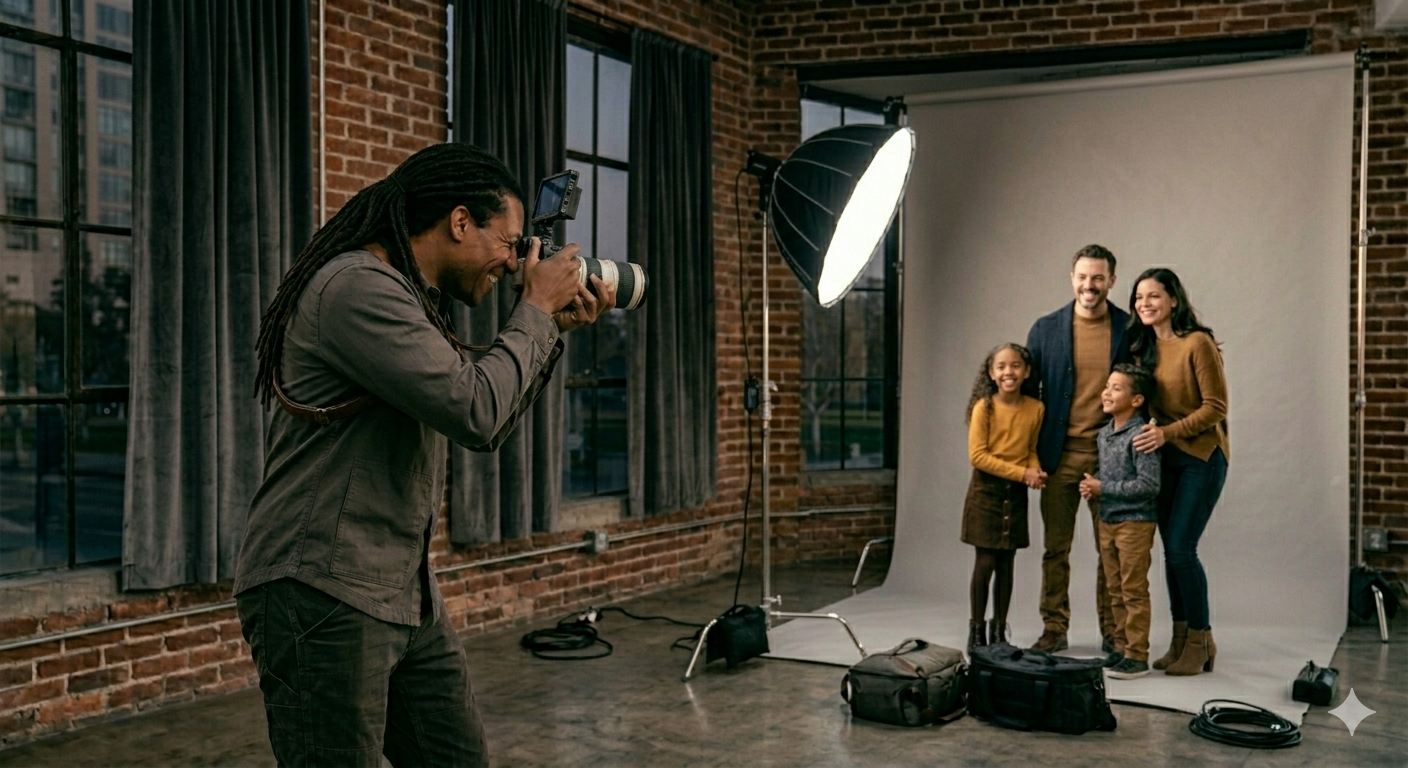 Photographer shooting a family portrait in studio
